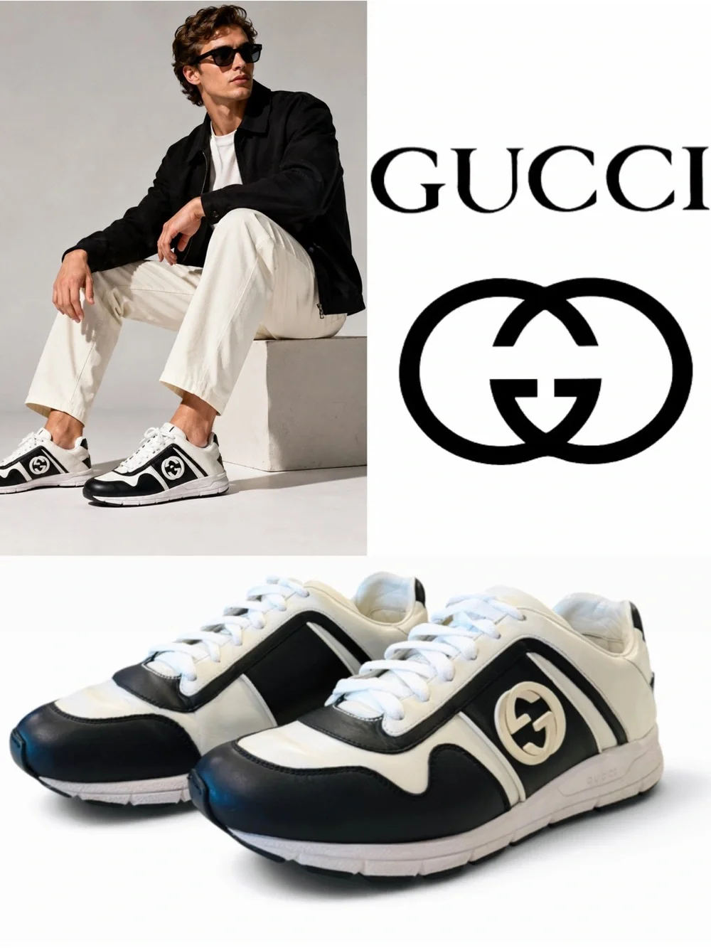Gucci Men’s Black & White Leather interlocking Logo Runner Sneakers